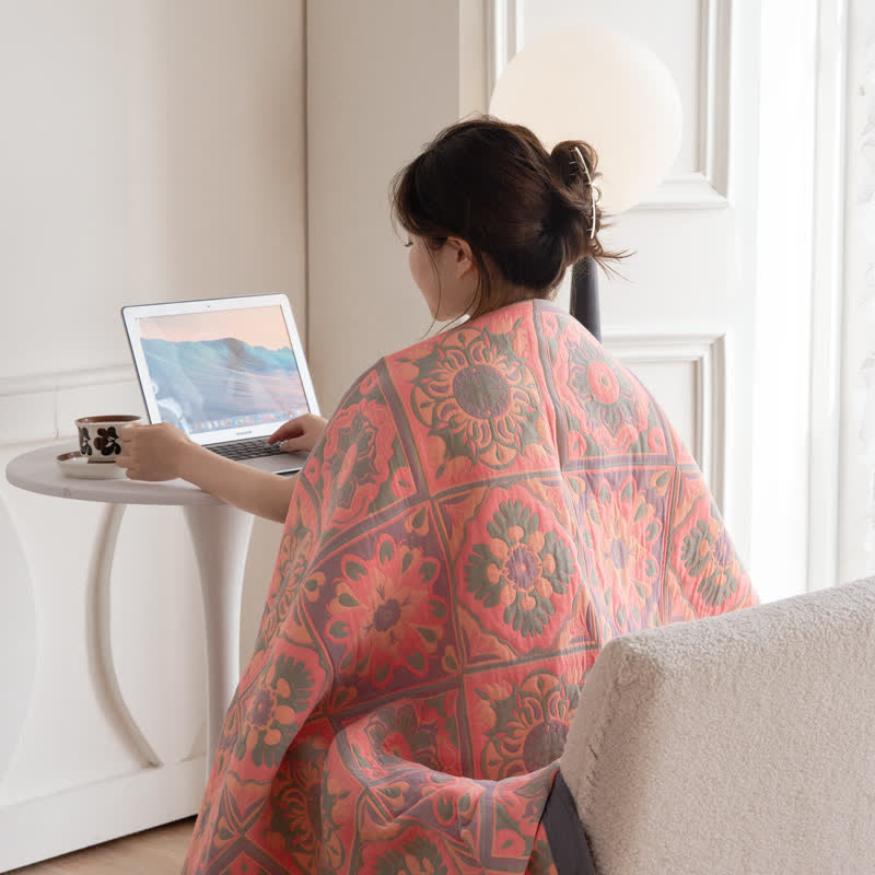 Jacquard Floral Cotton Quilt | 100% Organic Cotton | Reversible Design with Pillow Towels