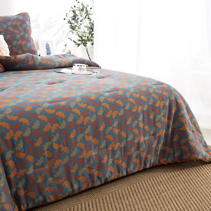 Jacquard Ginkgo Leaf Bedding Set | 100% Organic Cotton | Includes Quilt & 2 Pillowcases