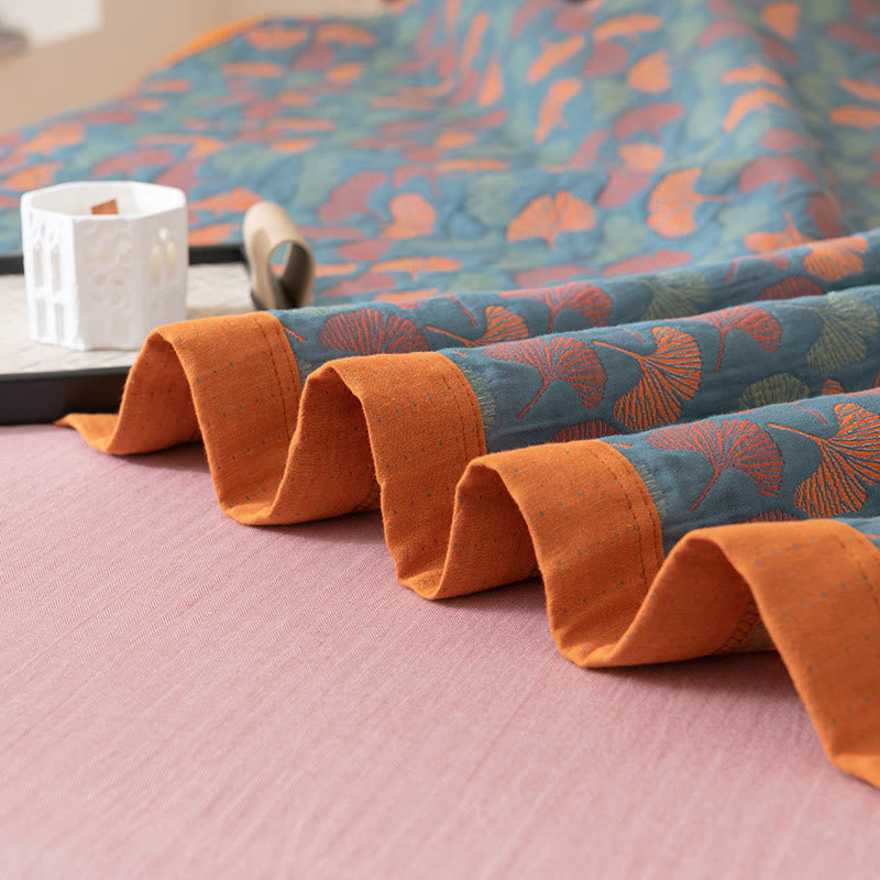 Ginkgo Leaf Pattern Cotton Quilt | Reversible Design | Full/Queen/King Options