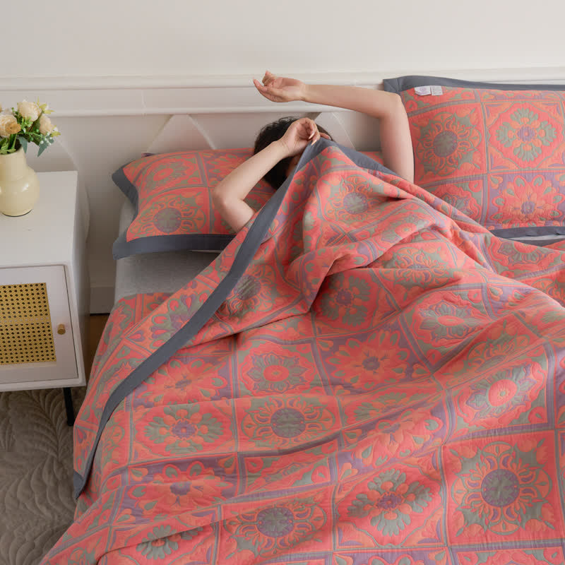 Jacquard Floral Cotton Quilt | 100% Organic Cotton | Reversible Design with Pillow Towels