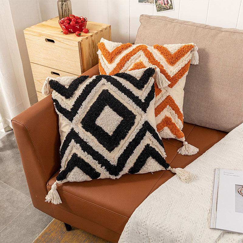 Morocco Jacquard Pillow Cover | Cotton with Tassels | Neutral Color
