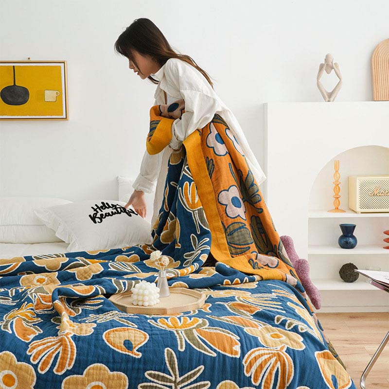 Yellow Flower Sofa Blanket | Soft Cotton Gauze | Reversible Design