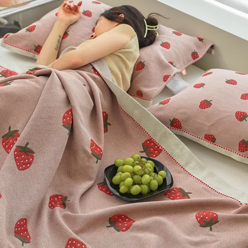 Pink Strawberry Cotton Gauze Quilt | Reversible Design | Full/Queen/King Options