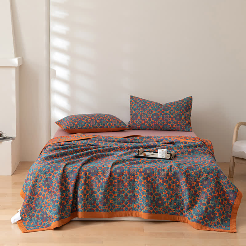 Cotton Quilt Set | Reversible Orange & Blue | 1 Quilt & 2 Pillowcases