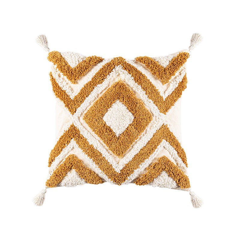 Morocco Jacquard Pillow Cover | Cotton with Tassels | Neutral Color