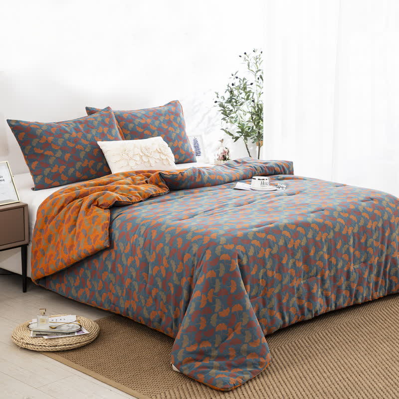 Jacquard Ginkgo Leaf Bedding Set | 100% Organic Cotton | Includes Quilt & 2 Pillowcases