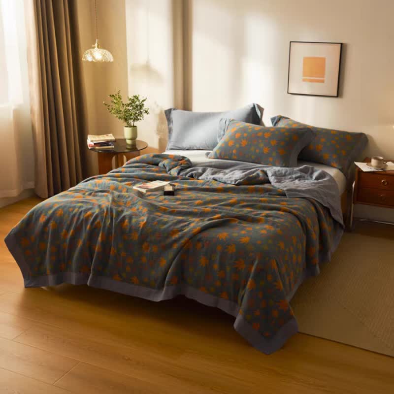 Maple Leaf Jacquard Quilt | 100% Organic Cotton | Orange and Yellow Design