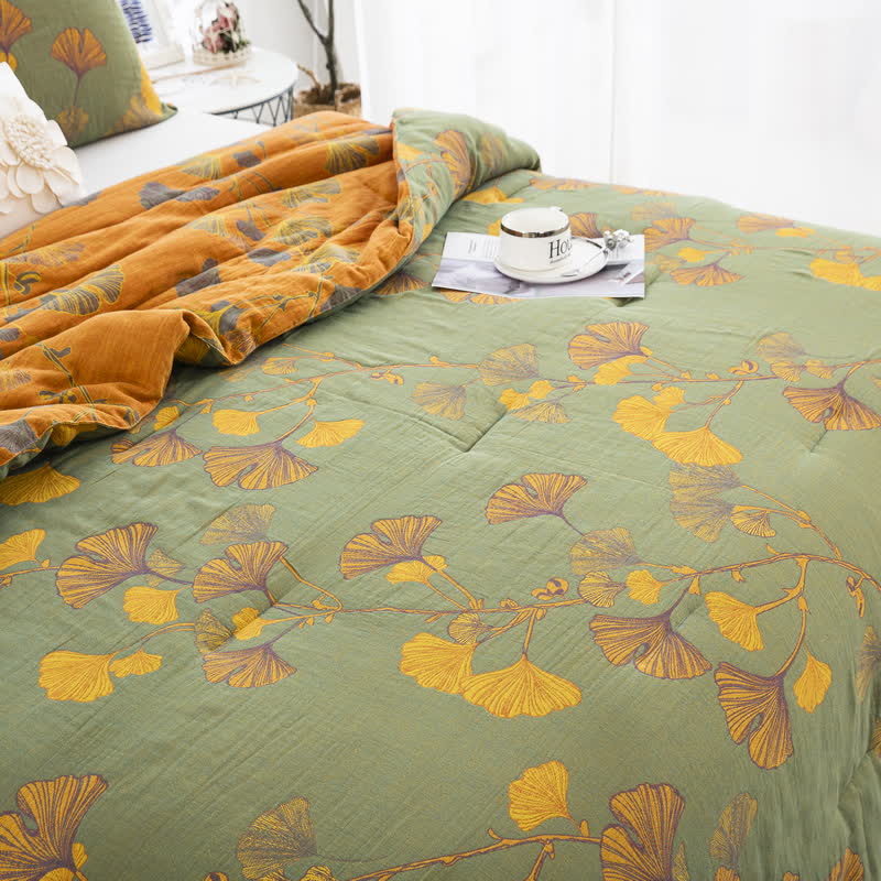 Rustic Ginkgo Leaf Bedding Set | 100% Organic Cotton | Includes Quilt & 2 Pillowcases