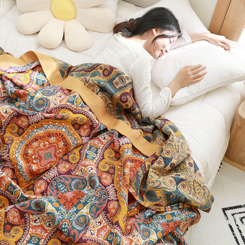 Reversible Cotton Quilt | Dark Orange Bohemian Design | Available in Full, Queen, King Sizes