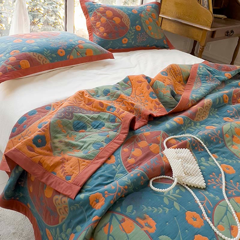 Persimmon Flower Cotton Quilt | Reversible Double-Sided | Full/Queen/King Sizes