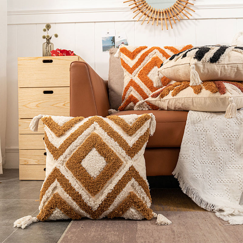 Morocco Jacquard Pillow Cover | Cotton with Tassels | Neutral Color