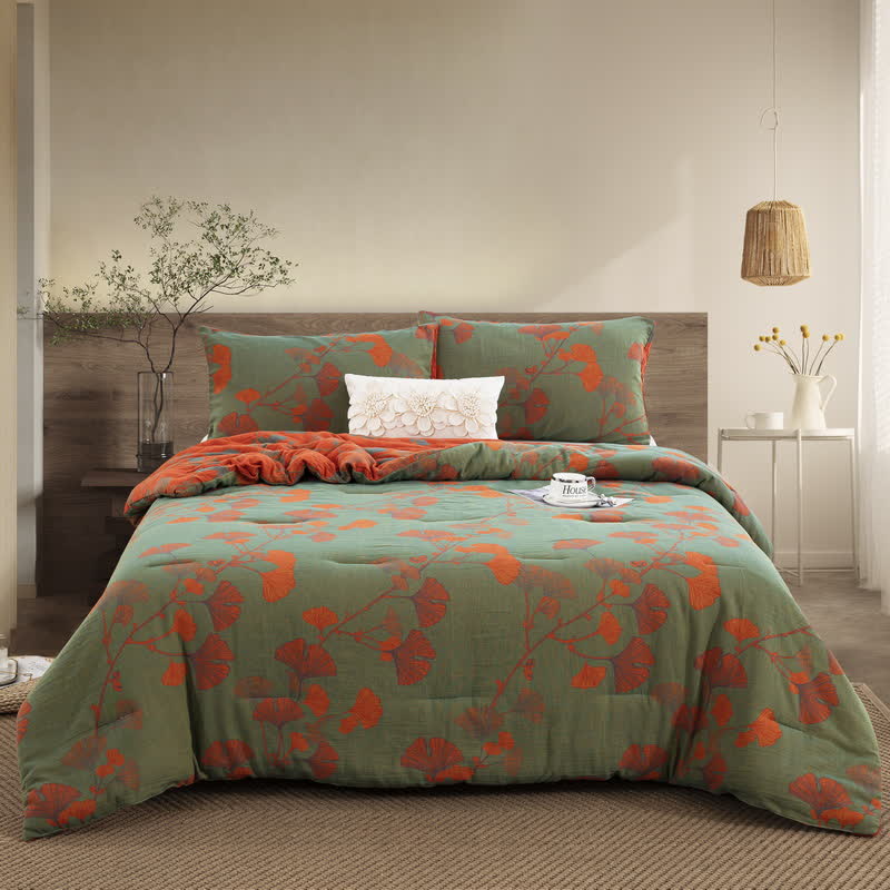 Rustic Ginkgo Leaf Bedding Set | 100% Organic Cotton | Includes Quilt & 2 Pillowcases