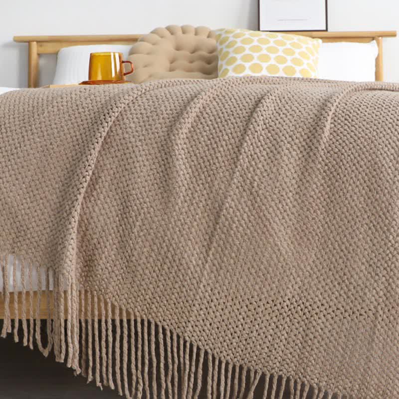 Knit Tassel Blanket | Soft Acrylic Fiber | Solid Color