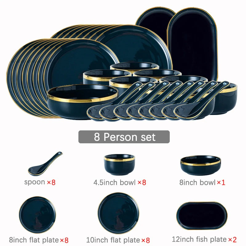 Oxford Blue Dinnerware Set | Fine Porcelain with Gold Rim | 4, 6, or 8 People