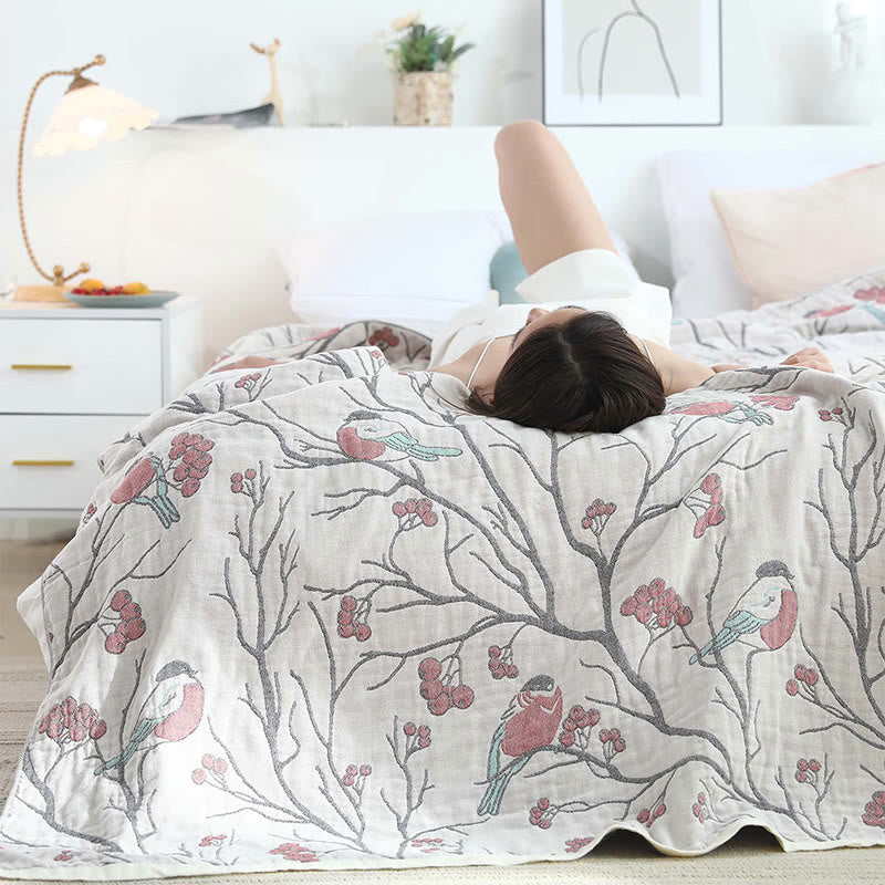 Hawthorn Tree Bird Quilt | 100% Organic Cotton | Reversible Design, Full/Queen Size