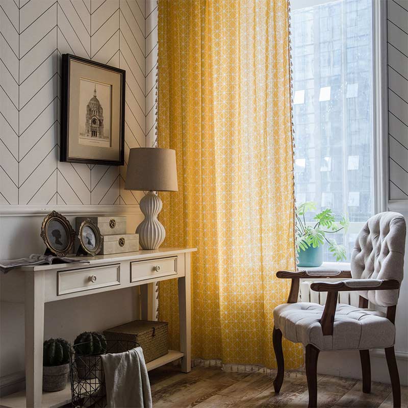 Yellow Plaid Semi-Blackout Curtains | Cotton with Tassels | 1 Piece