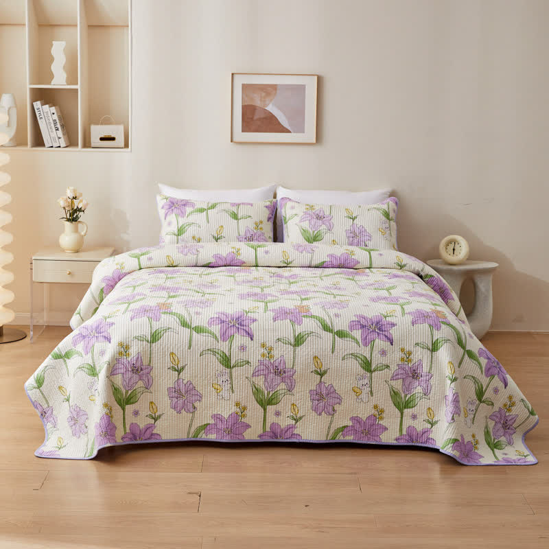 Quilted Cotton Bedding Set | Eco-Friendly Floral Design | Queen Size with 2 Pillowcases