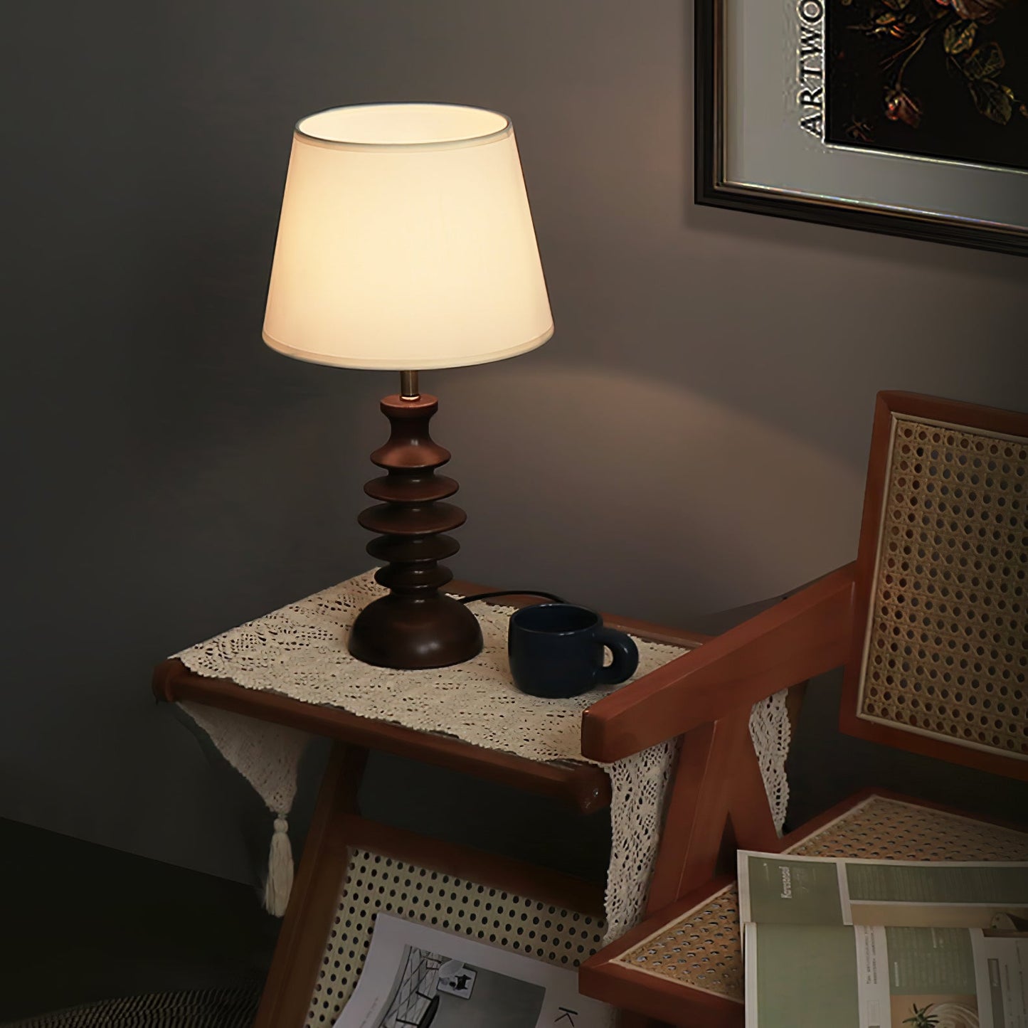 Adesso Beatrice Table Lamp | Fabric Linen & Black Walnut | White Shade