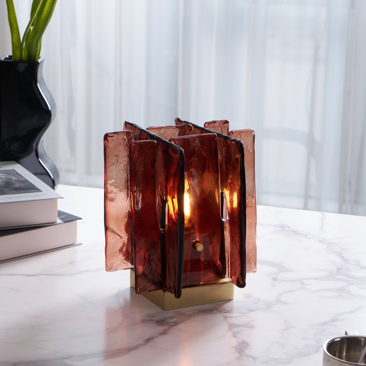 Amber Table Lamp | Brushed Brass & Amber Glass | Modern Design