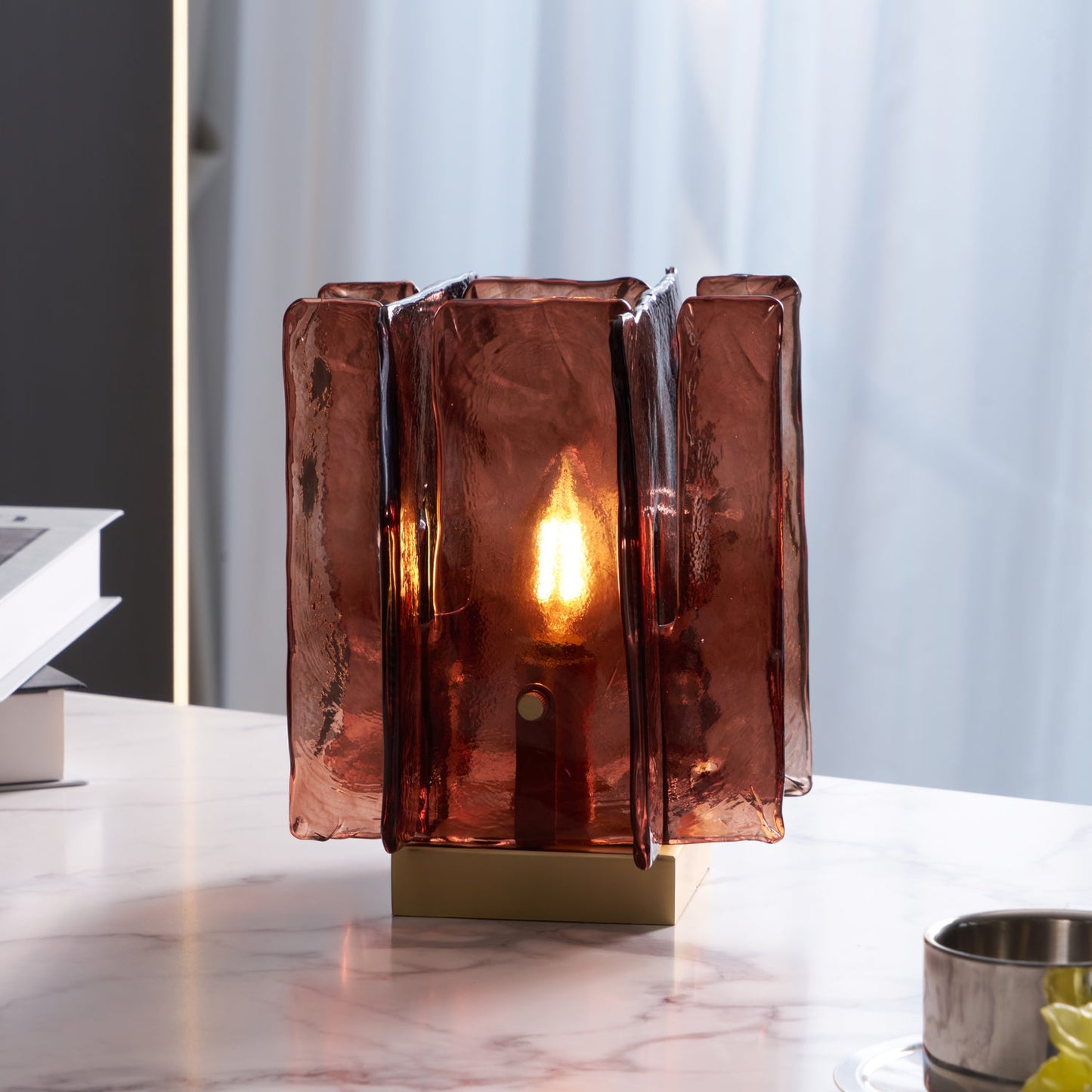 Amber Table Lamp | Brushed Brass & Amber Glass | Modern Design