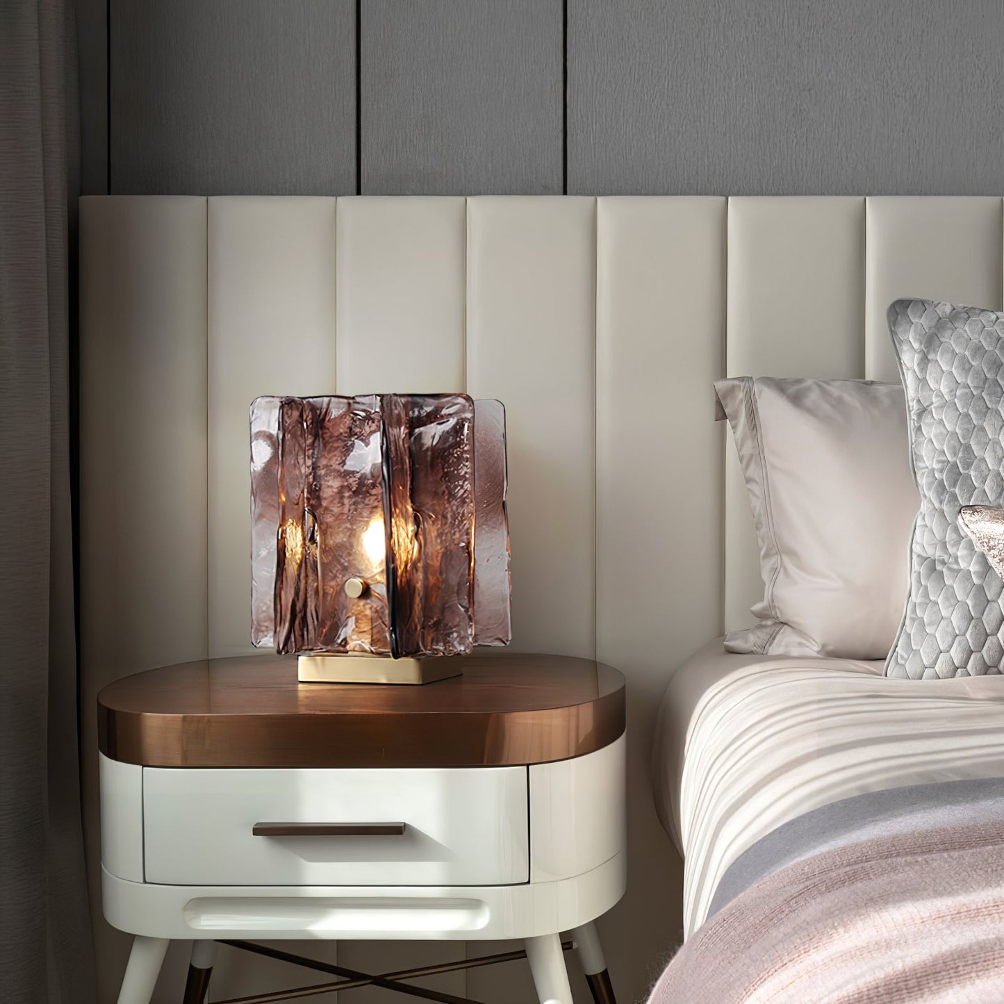 Amber Table Lamp | Brushed Brass & Amber Glass | Modern Design