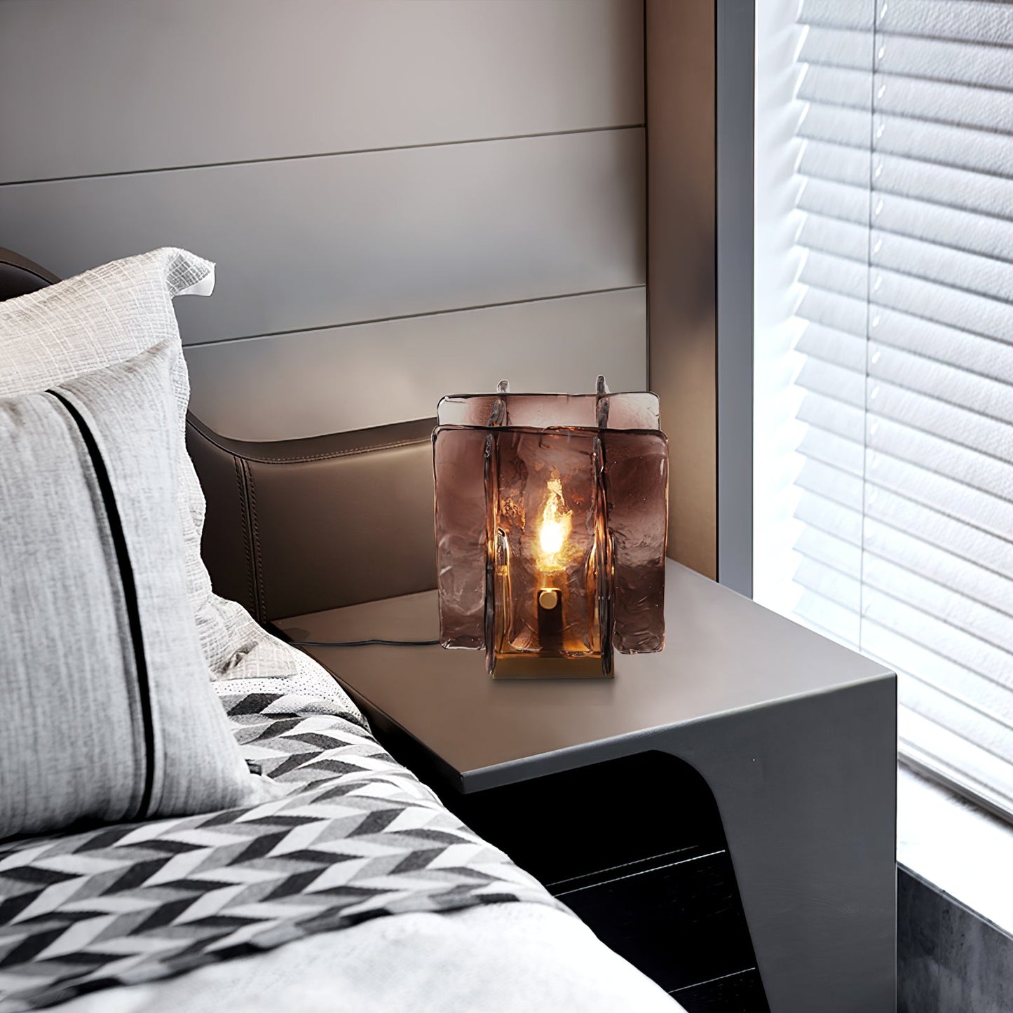 Amber Table Lamp | Brushed Brass & Amber Glass | Modern Design