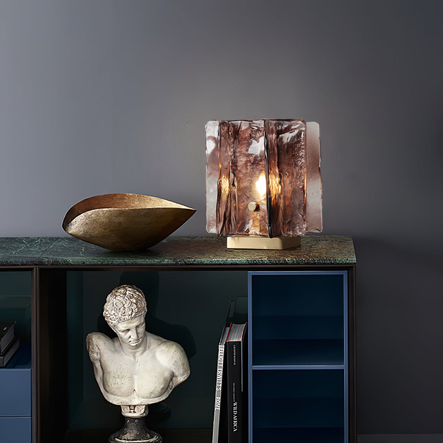 Amber Table Lamp | Brushed Brass & Amber Glass | Modern Design