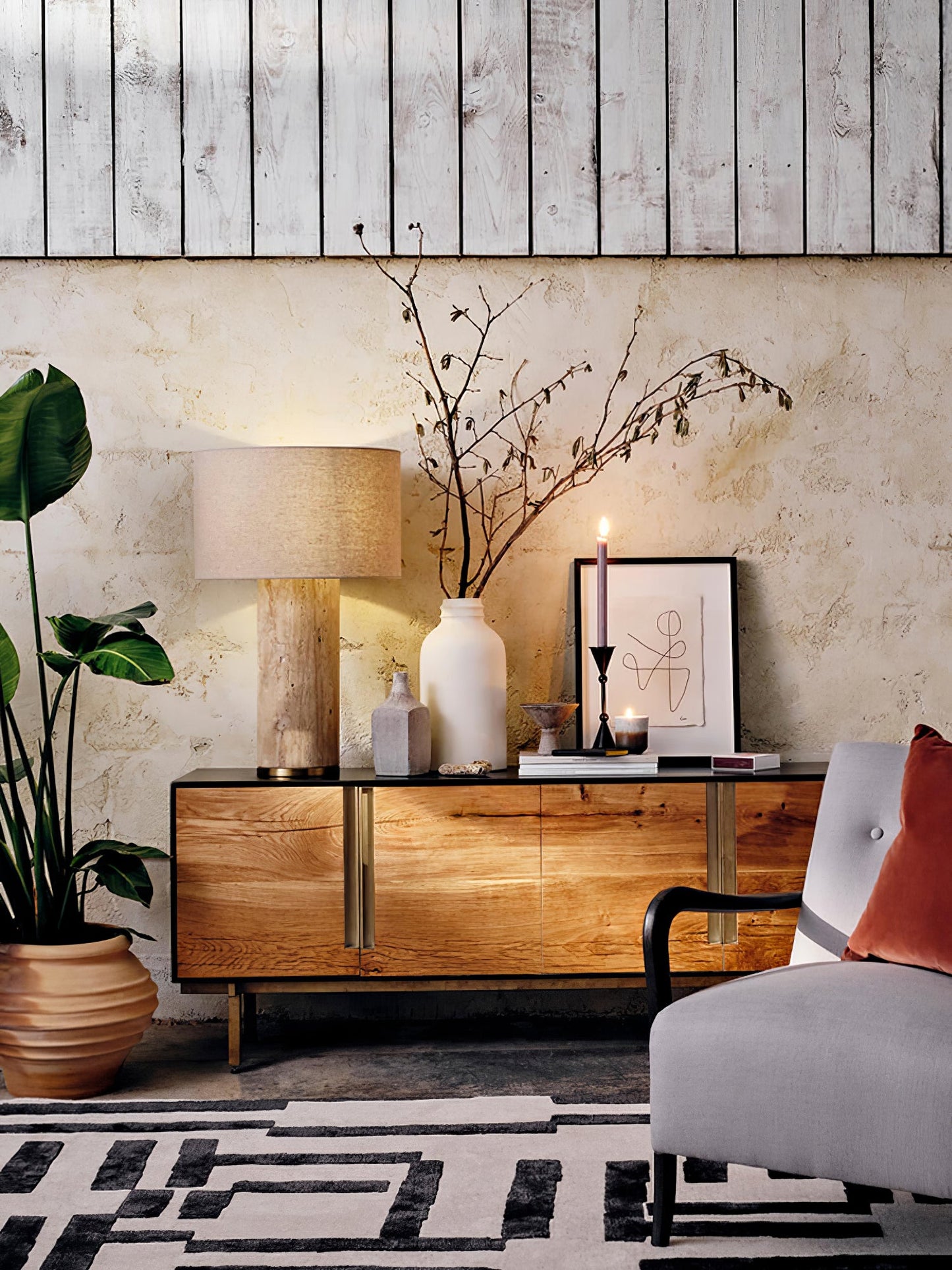 Aria Stone Table Lamp | Yellow Travertine Base & Beige Shade | 35cm Diameter