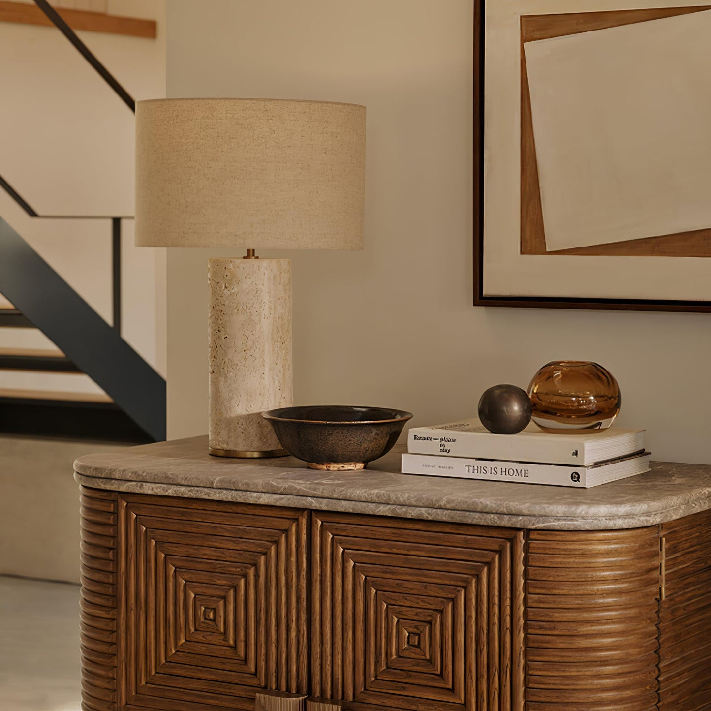 Aria Stone Table Lamp | Yellow Travertine Base & Beige Shade | 35cm Diameter