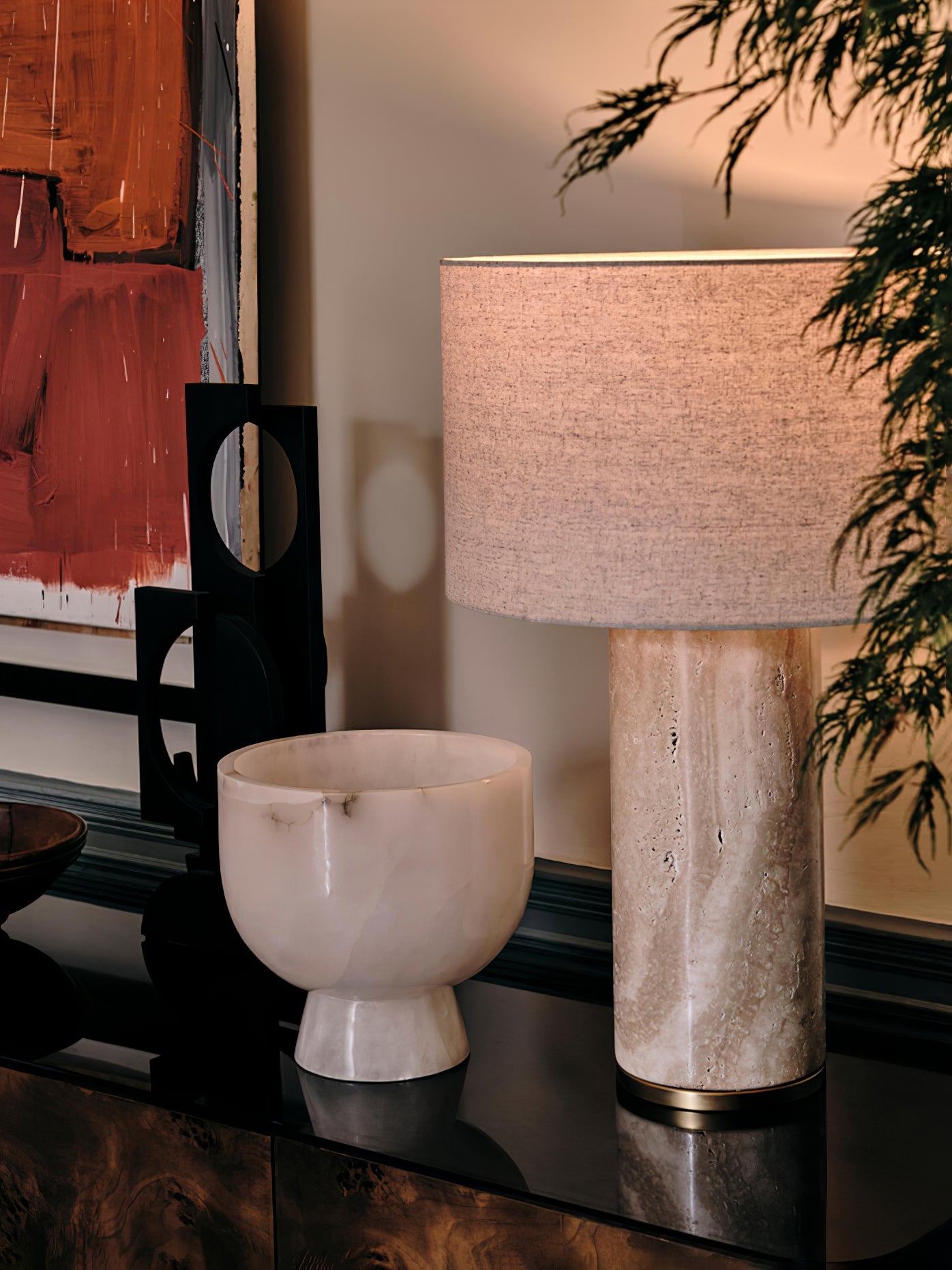 Aria Stone Table Lamp | Yellow Travertine Base & Beige Shade | 35cm Diameter
