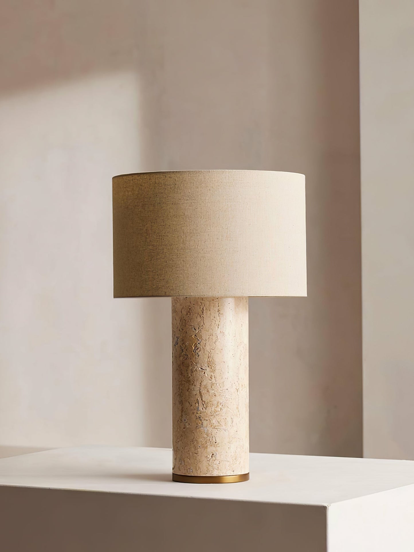 Aria Stone Table Lamp | Yellow Travertine Base & Beige Shade | 35cm Diameter