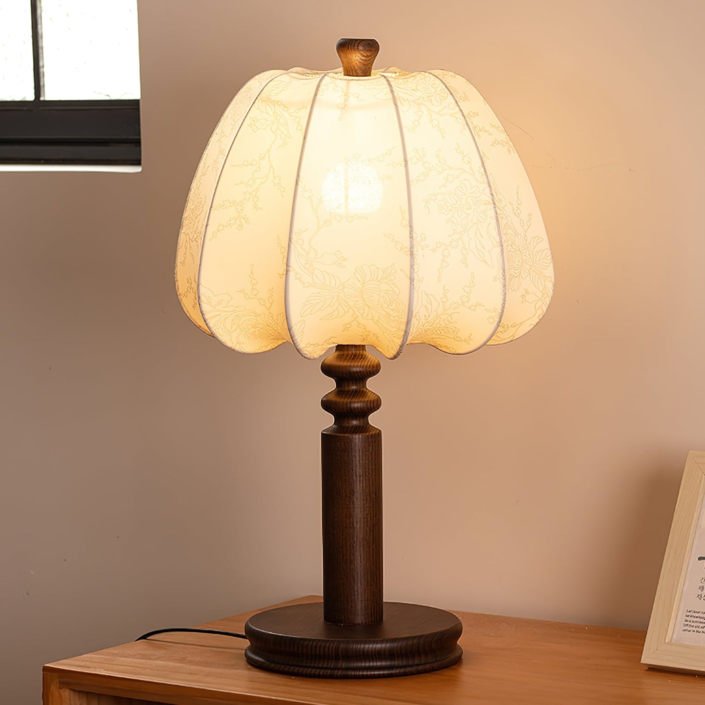 Bari Fabric Table Lamp | Vintage Design | Walnut & Beige
