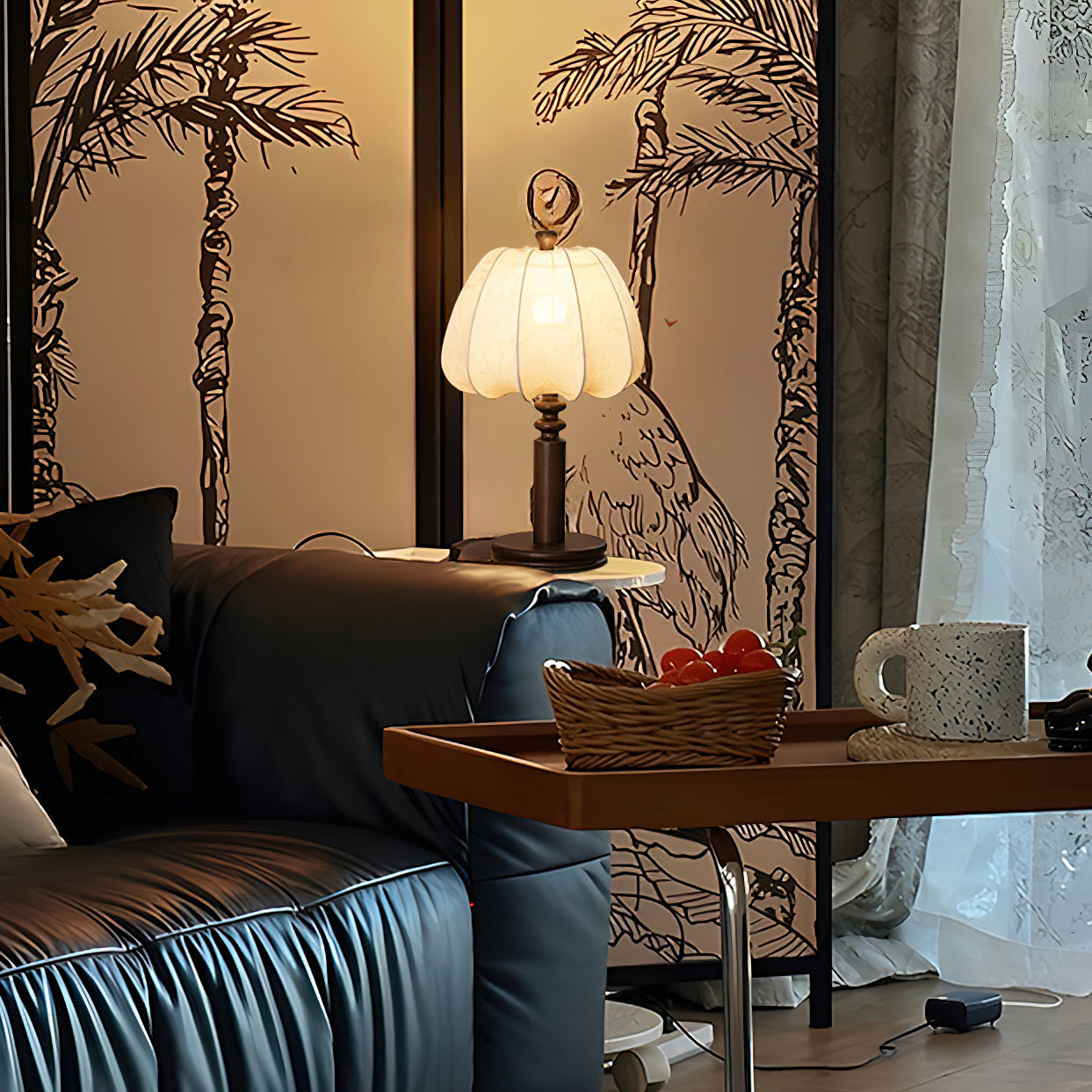 Bari Fabric Table Lamp | Vintage Design | Walnut & Beige