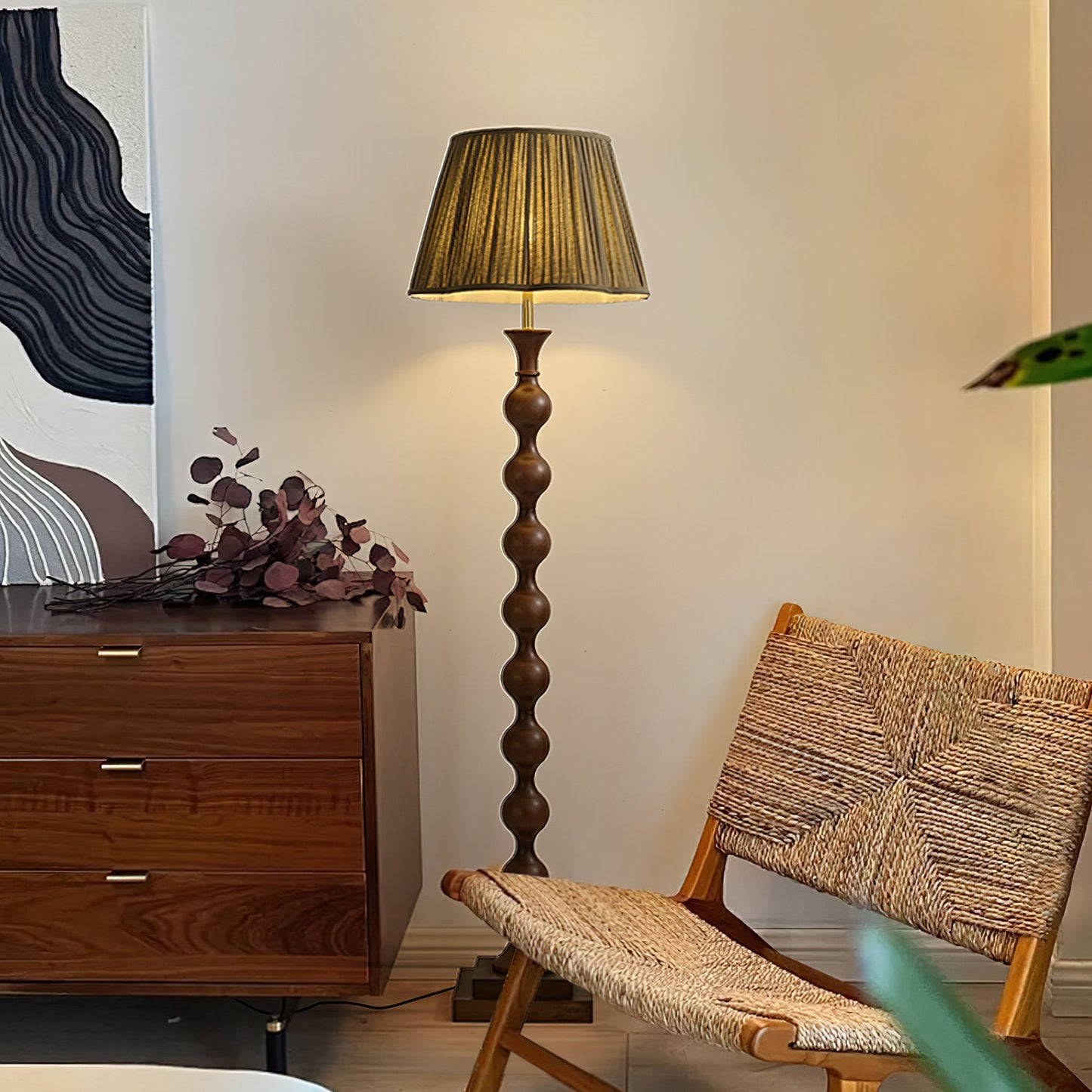 Beaded Column Floor Lamp | Wood & Fabric | Gold or Walnut Color