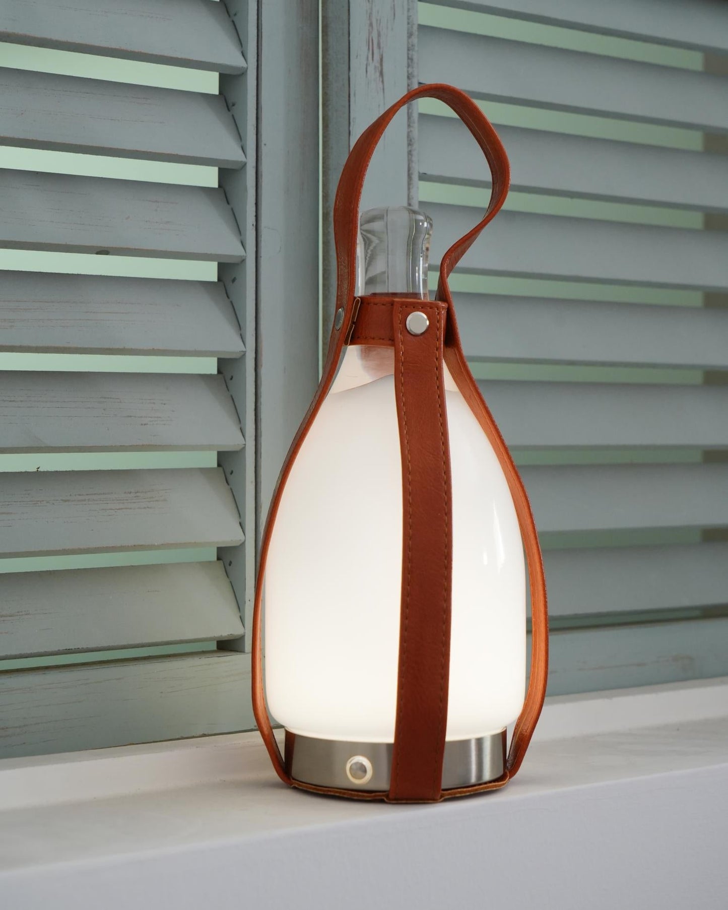 Portable Battery Table Lamp | Leather, Glass, Metal | Brown & White