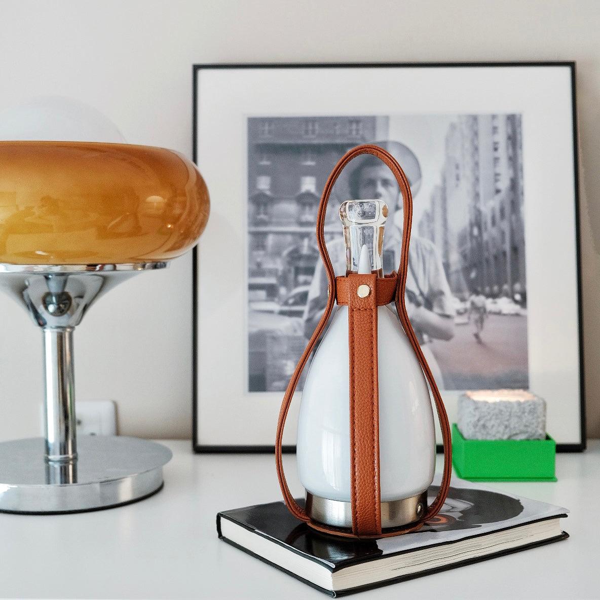 Portable Battery Table Lamp | Leather, Glass, Metal | Brown & White
