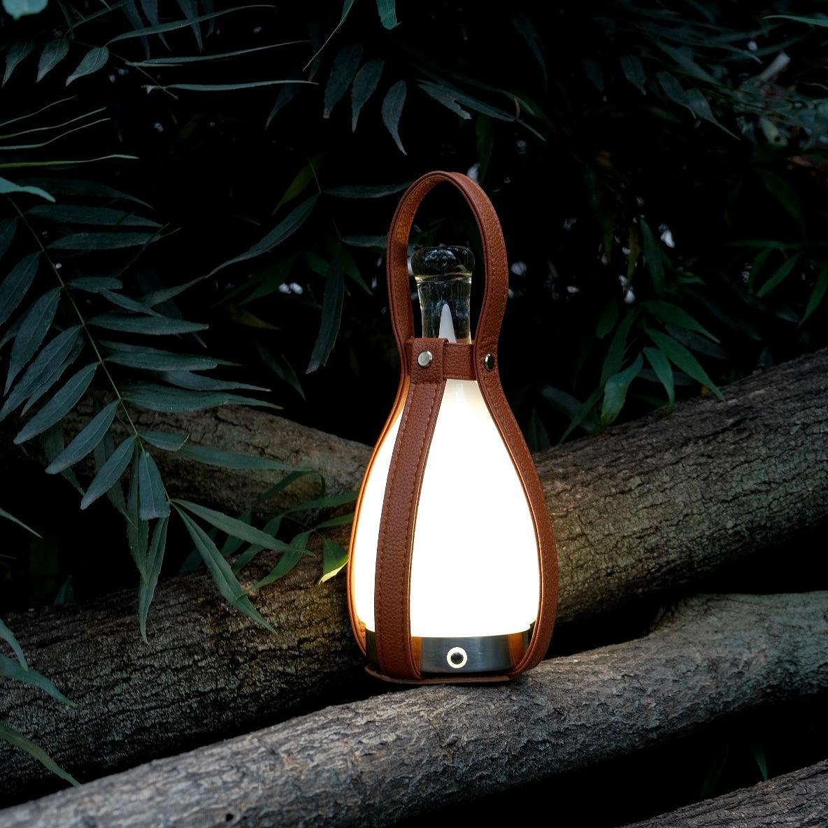 Portable Battery Table Lamp | Leather, Glass, Metal | Brown & White