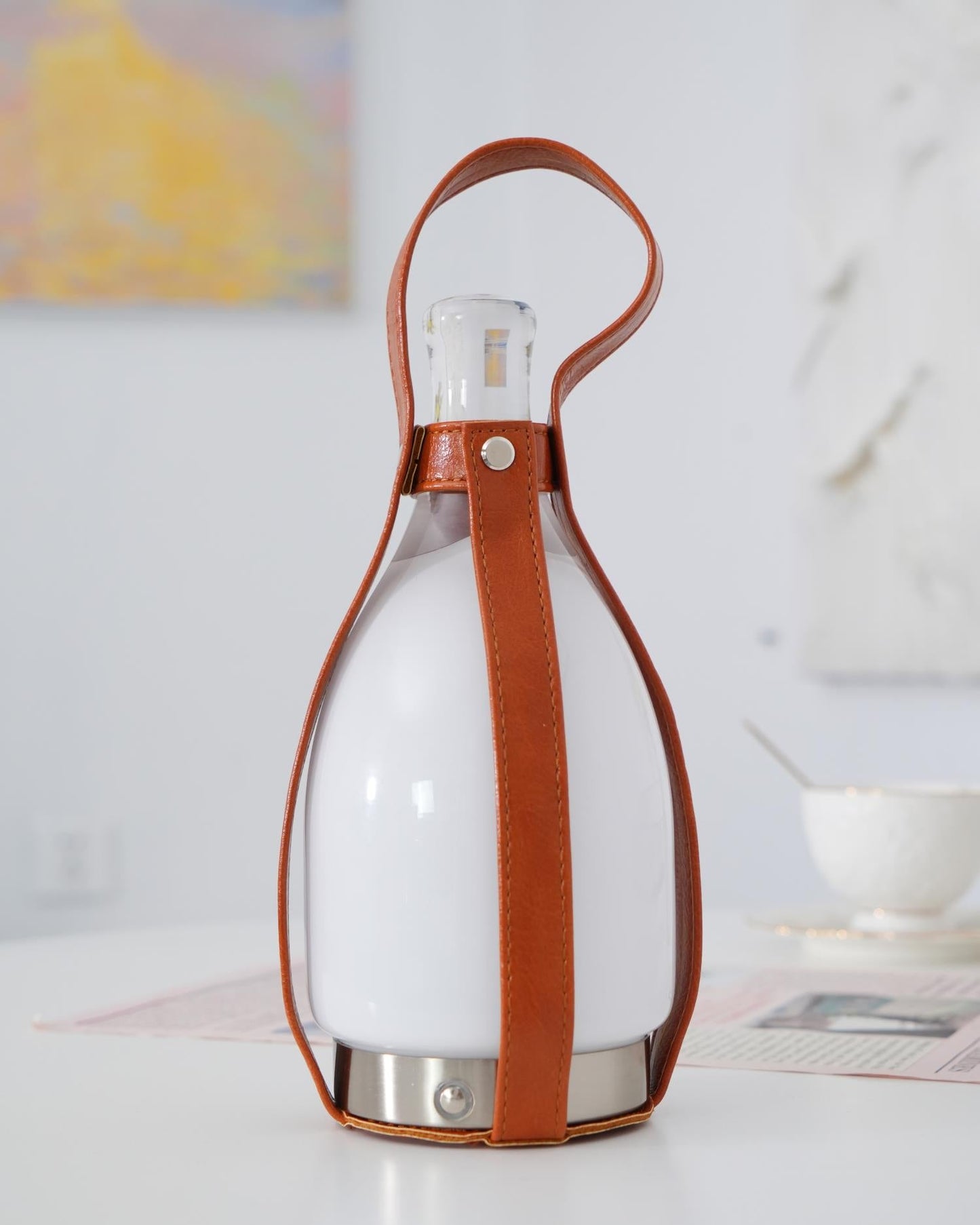 Portable Battery Table Lamp | Leather, Glass, Metal | Brown & White