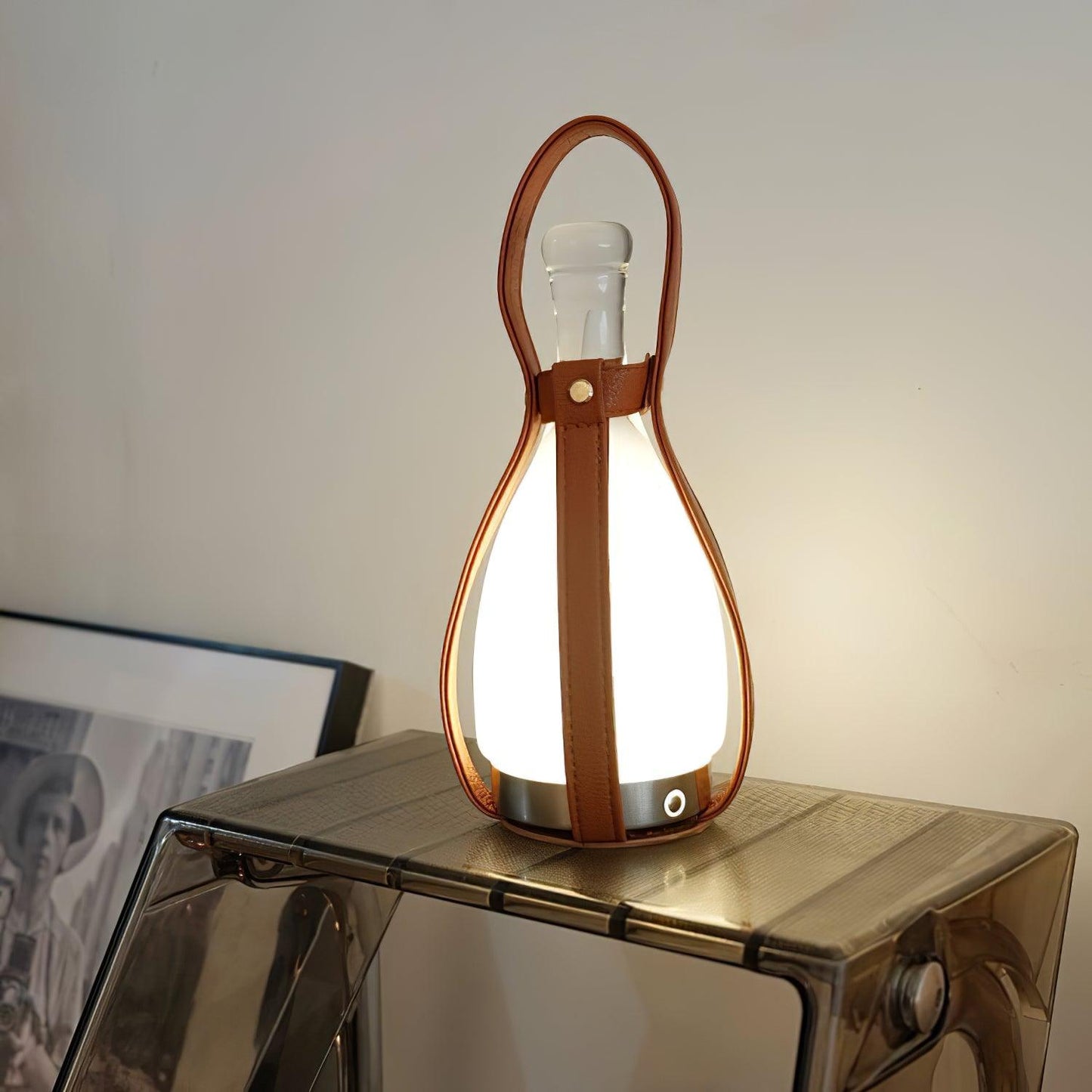 Portable Battery Table Lamp | Leather, Glass, Metal | Brown & White
