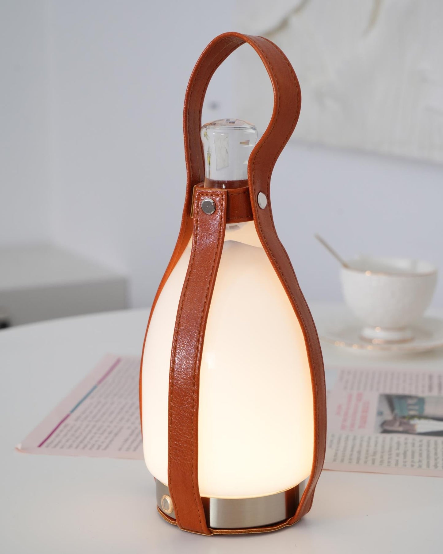 Portable Battery Table Lamp | Leather, Glass, Metal | Brown & White