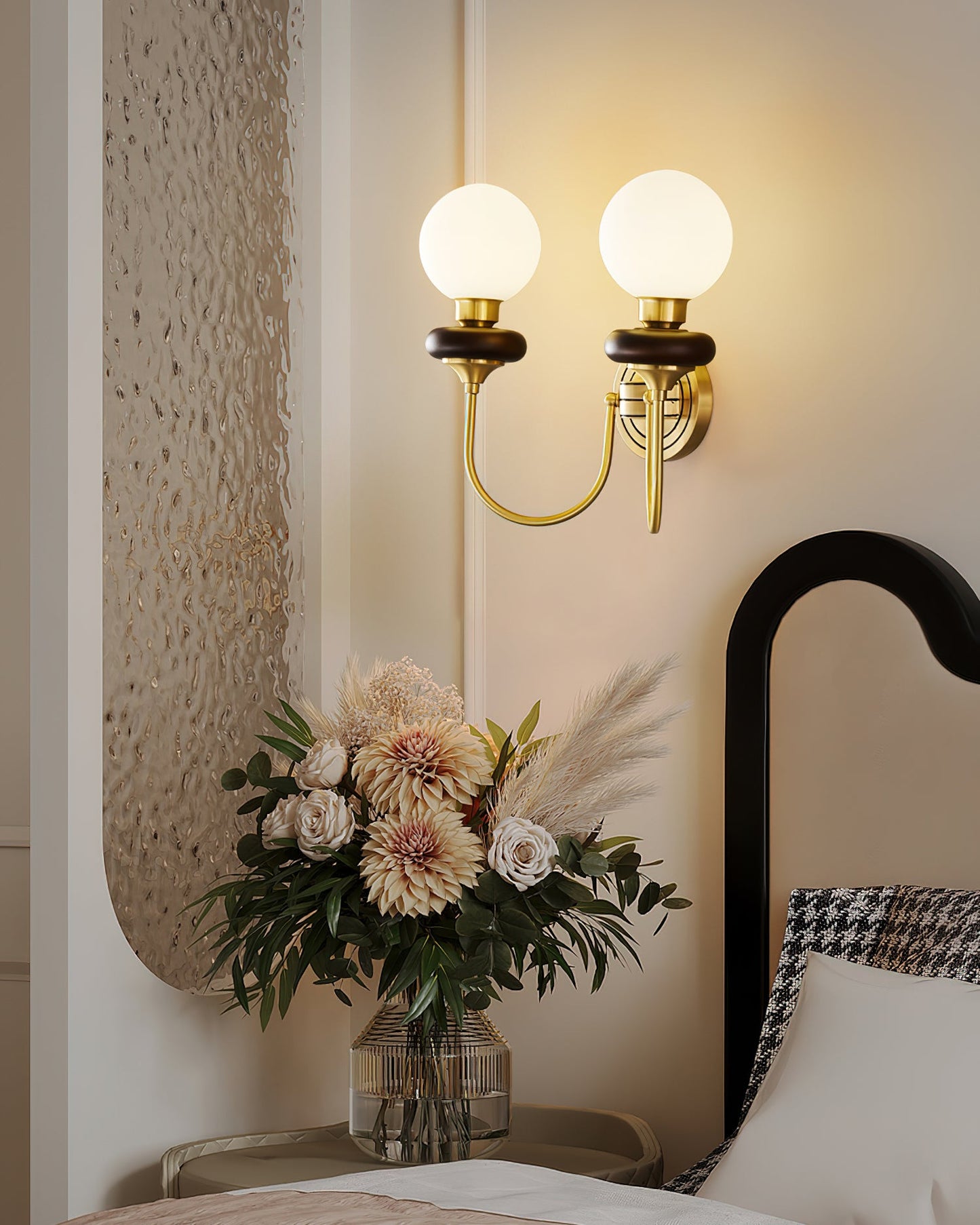 Bellevue Wall Lamp | Opaline Glass & Brass | Walnut & White