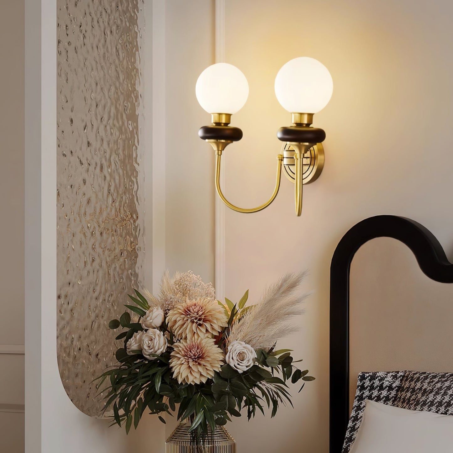 Bellevue Wall Lamp | Opaline Glass & Brass | Walnut & White