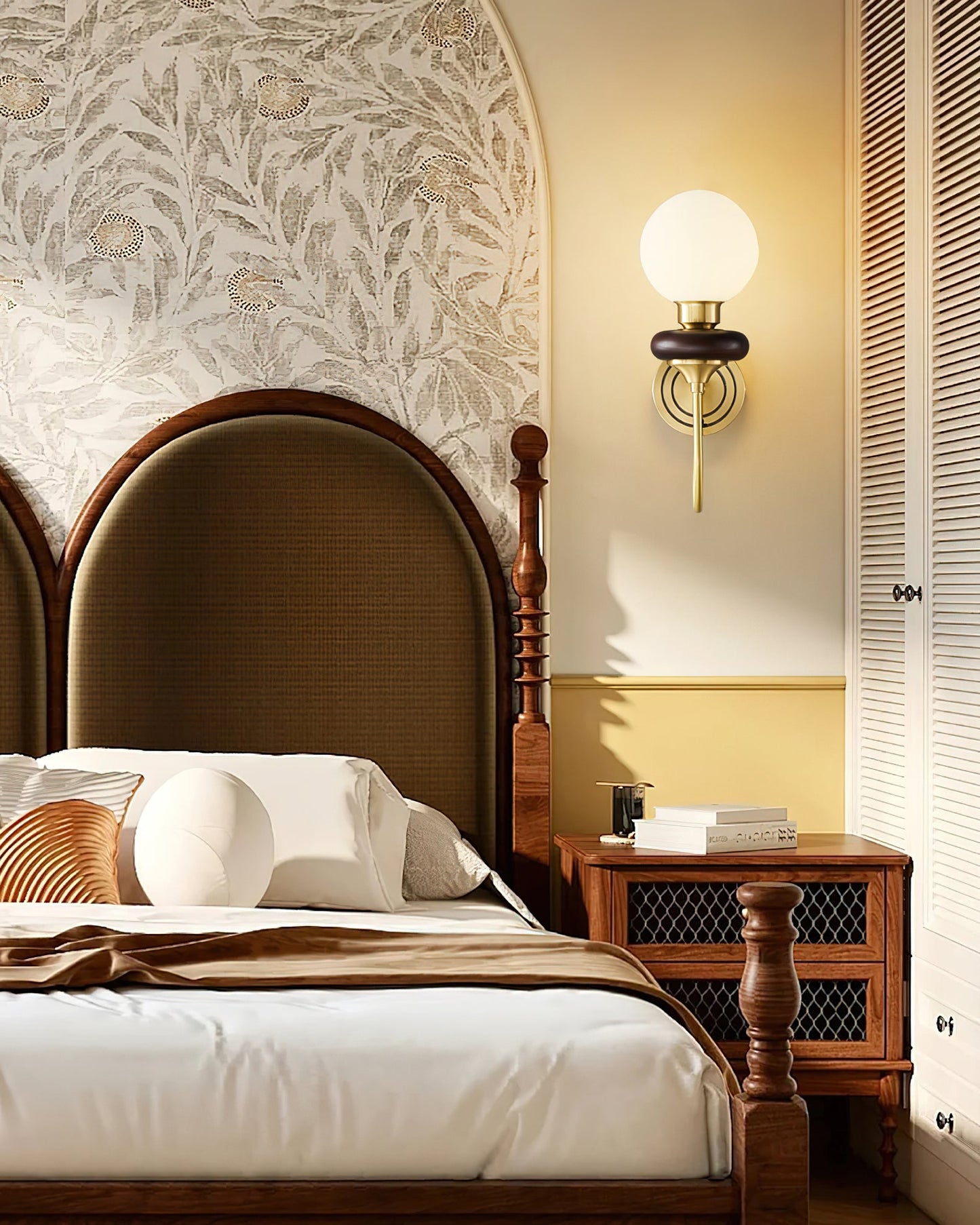Bellevue Wall Lamp | Opaline Glass & Brass | Walnut & White
