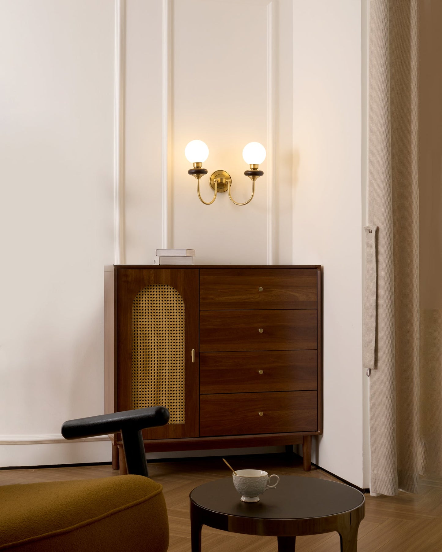Bellevue Wall Lamp | Opaline Glass & Brass | Walnut & White
