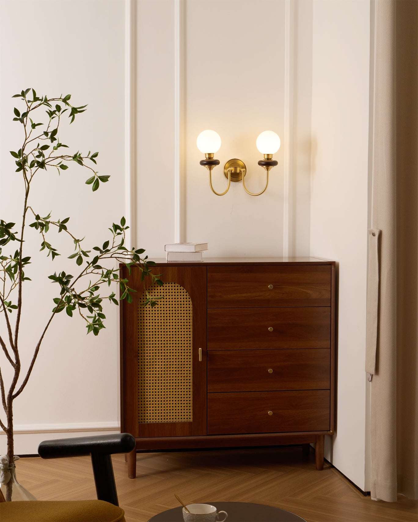 Bellevue Wall Lamp | Opaline Glass & Brass | Walnut & White