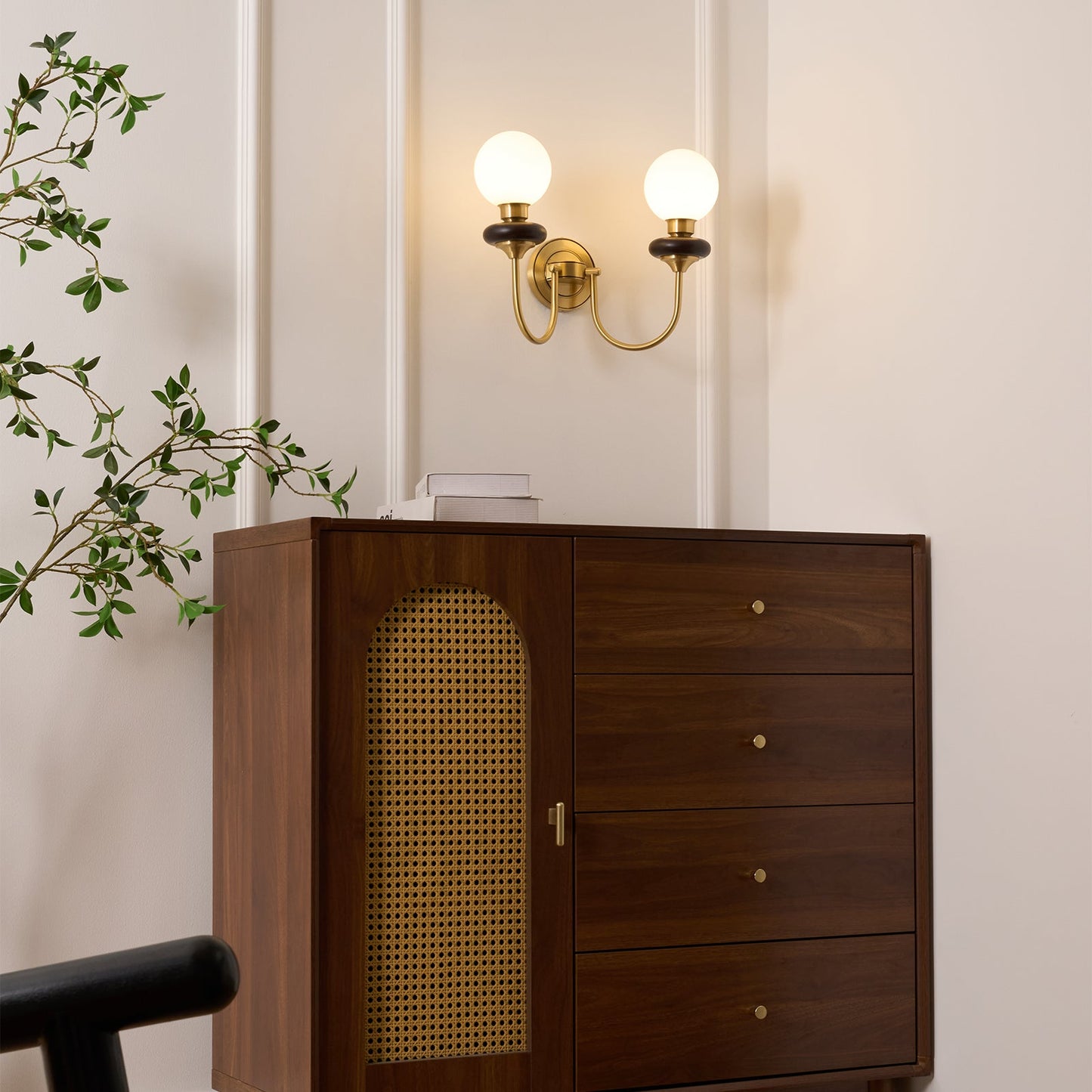 Bellevue Wall Lamp | Opaline Glass & Brass | Walnut & White