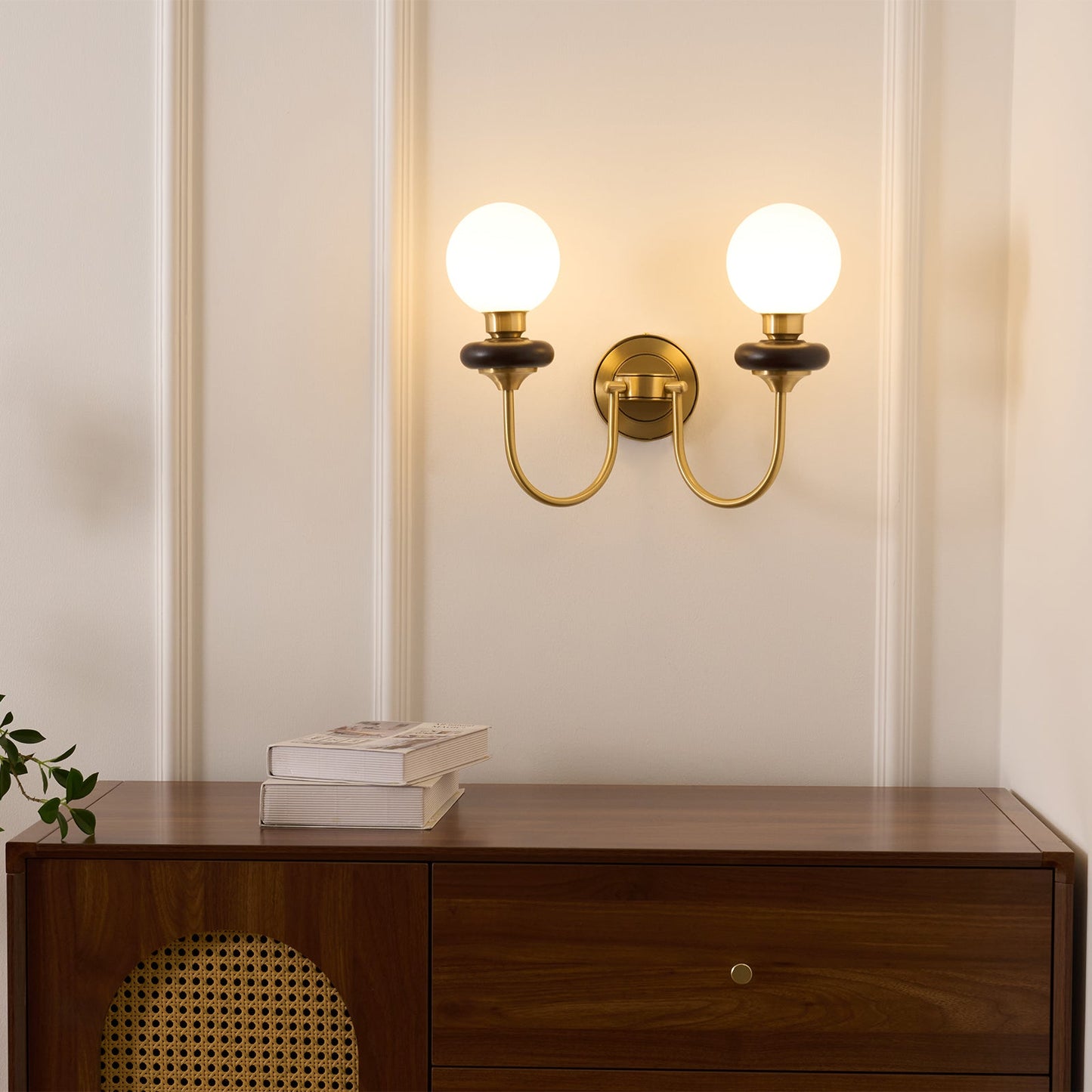 Bellevue Wall Lamp | Opaline Glass & Brass | Walnut & White