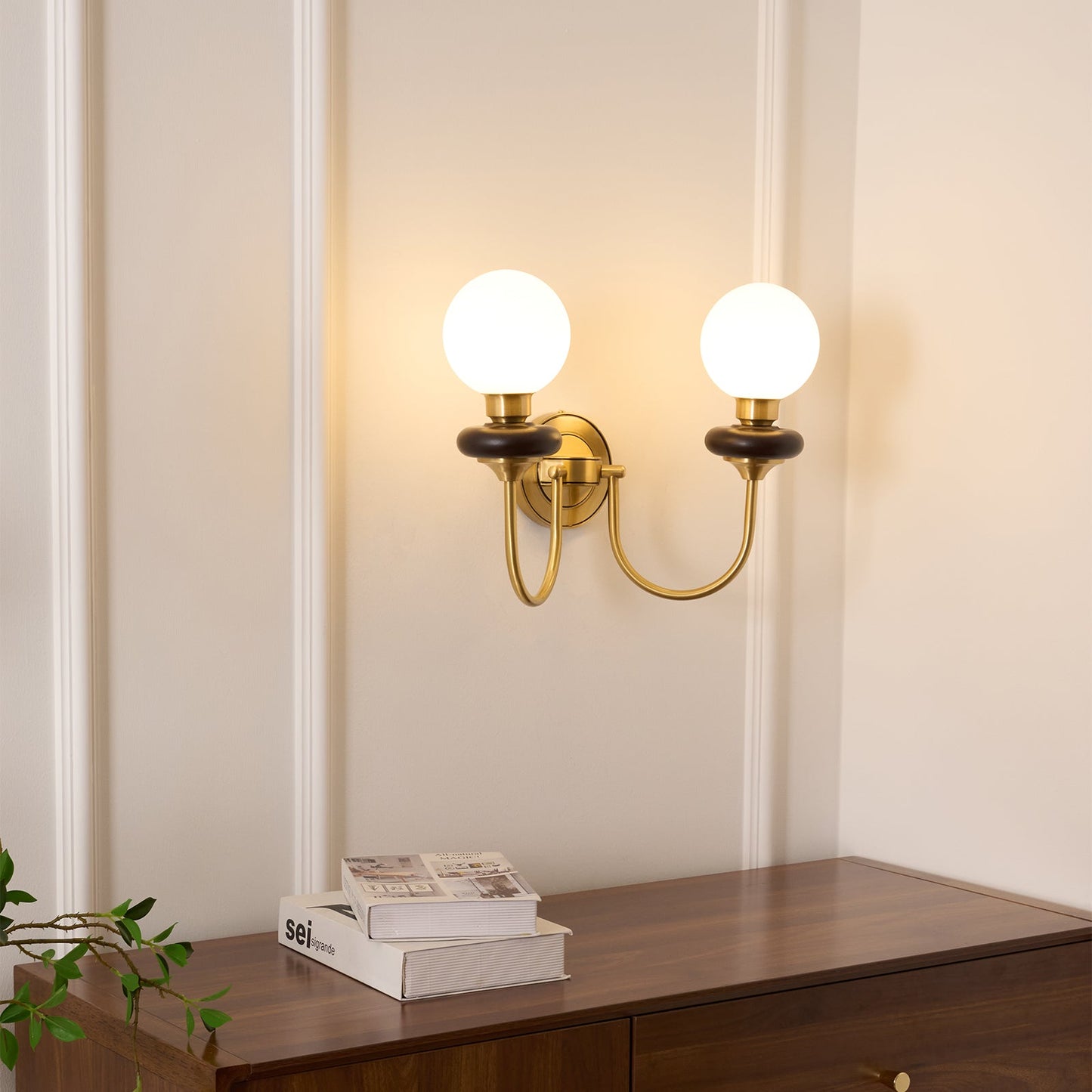 Bellevue Wall Lamp | Opaline Glass & Brass | Walnut & White