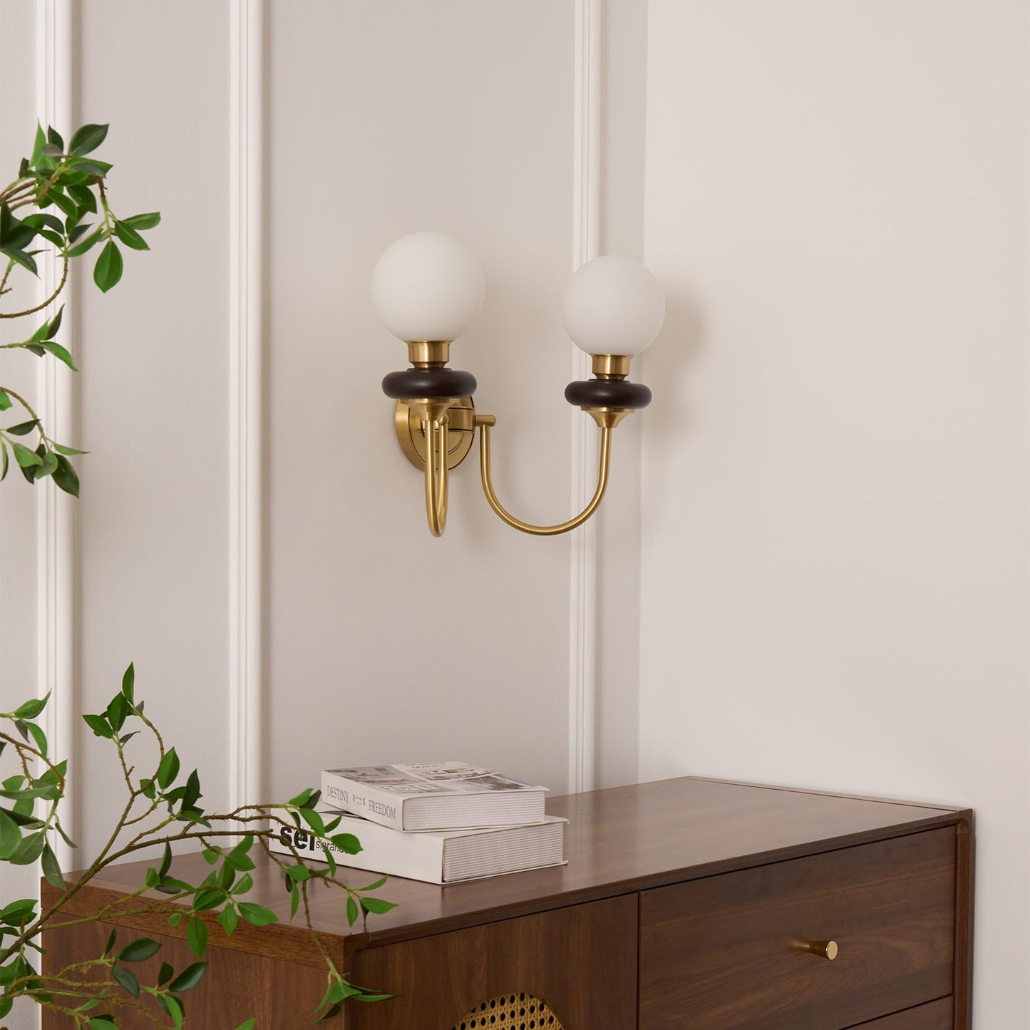 Bellevue Wall Lamp | Opaline Glass & Brass | Walnut & White