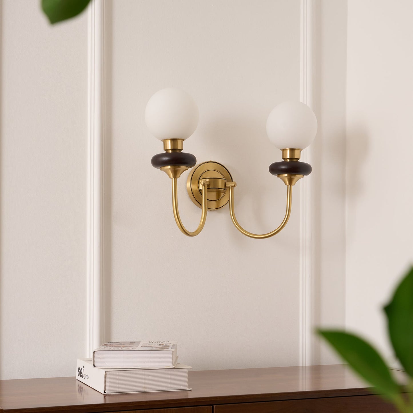 Bellevue Wall Lamp | Opaline Glass & Brass | Walnut & White